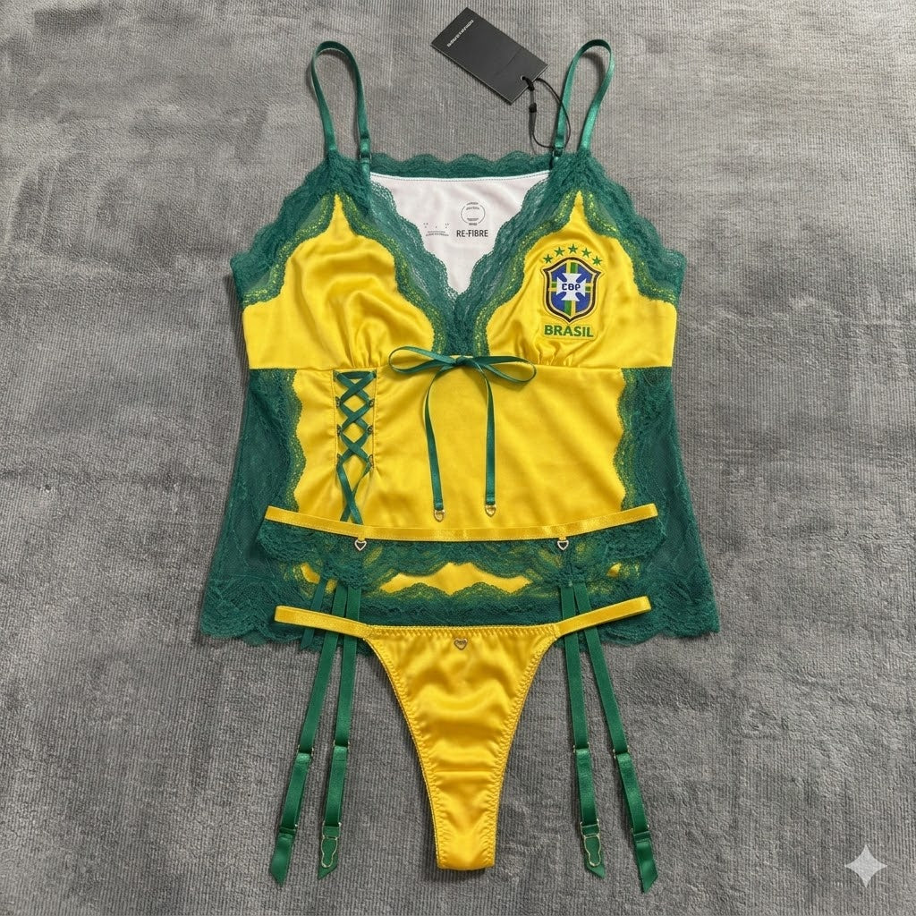 Brazil Women's 2026 World Cup Sexy Lingerie Set | Silky Samba Fan Nightwear