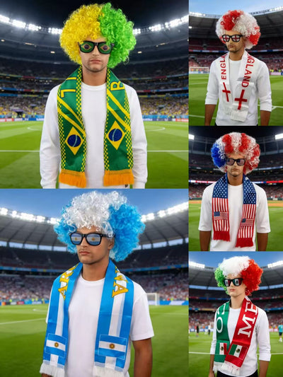 2026 World Cup Crazy Fan Kit | Afro Wig and Double-Sided Soccer Scarf Set