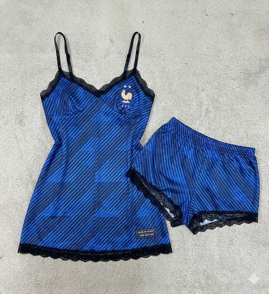 France Women's 2026 World Cup Sexy Lingerie Set | Silky Blue Soccer Fan Nightwear