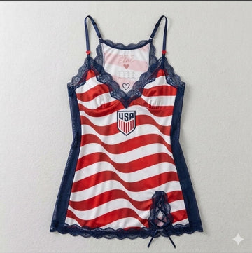 USA Women's 2026 World Cup Sexy Lingerie Set | Silky Red White Blue Fan Nightwear